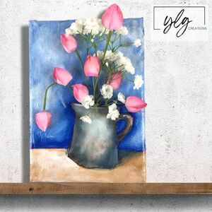 Floral Mixed Media Acrylic Painting Pink White Flower Pitcher 5 x 7 Farmhouse